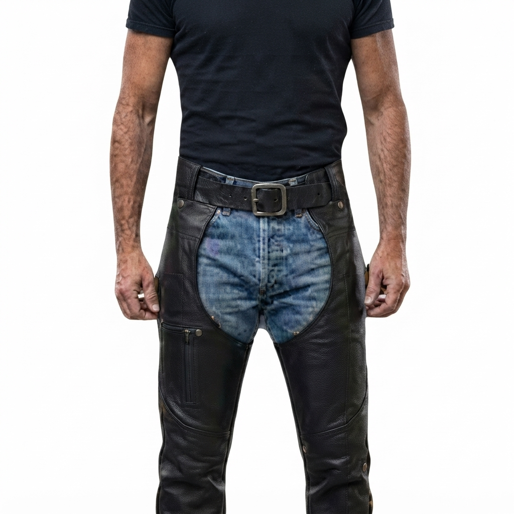 A rider wearing Apex Guardian real leather riding chaps over blue denim jeans, showcasing the side utility pocket and front buckle detail.
