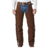 A man wearing dark brown Real leather western chaps with fringe over blue jeans, standing against a white background.
