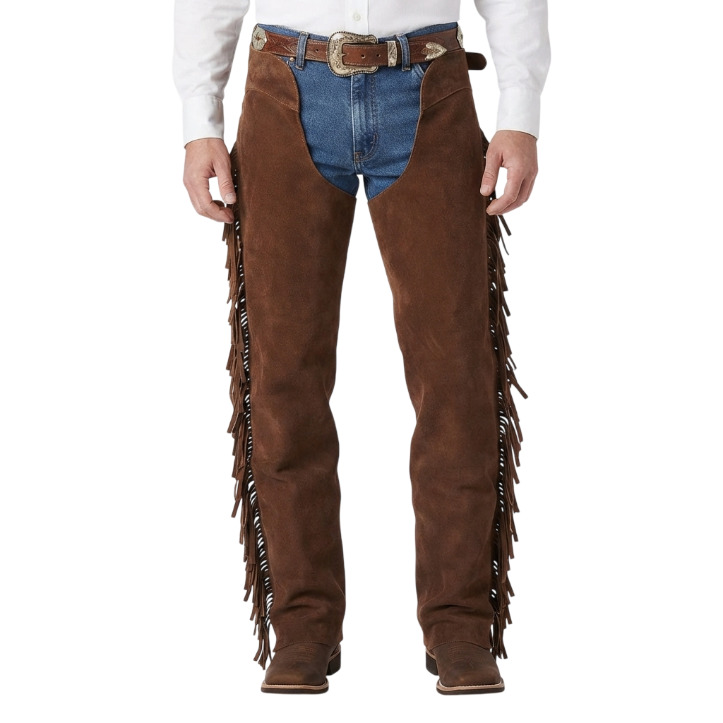 A man wearing dark brown Real leather western chaps with fringe over blue jeans, standing against a white background.
